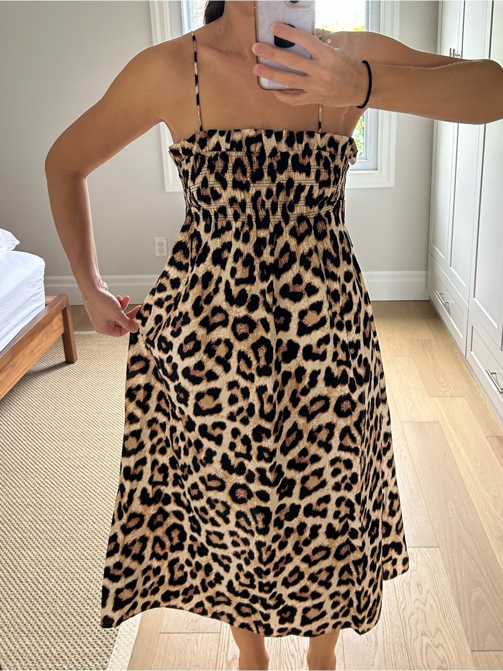 Leopard Print Smocked Midi Dress - Beige/Black